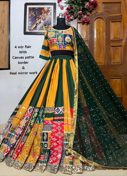 Green yellow cotton mirror work navratri lehenga chaniya choli