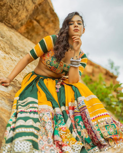 Green yellow cotton mirror work navratri lehenga chaniya choli