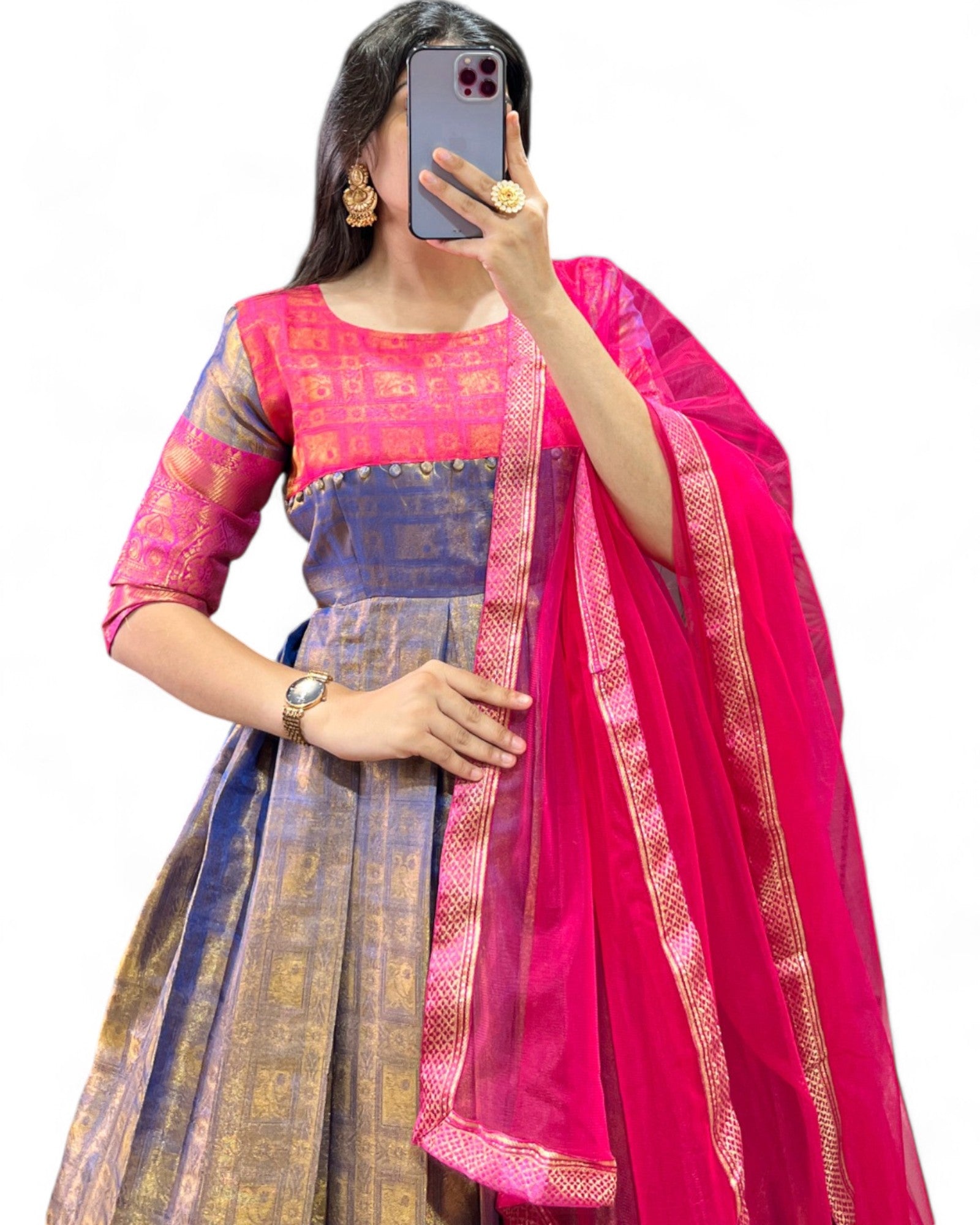Kanjivaram Zari Weaving Work Stitched Gown with Net Dupatta