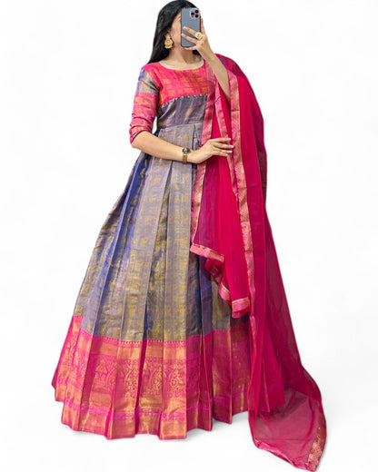 Kanjivaram Zari Weaving Work Stitched Gown with Net Dupatta Gray Free Size