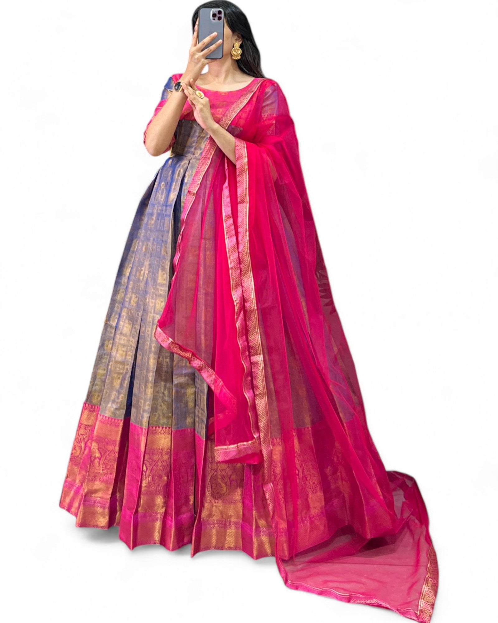 Kanjivaram Zari Weaving Work Stitched Gown with Net Dupatta