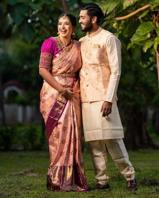 Peach banarasi silk jacquard work wedding saree