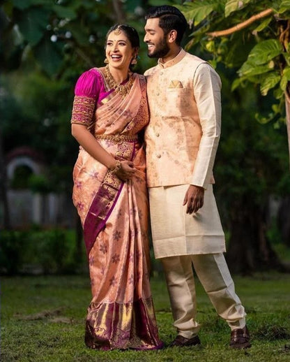 Peach banarasi silk jacquard work wedding saree