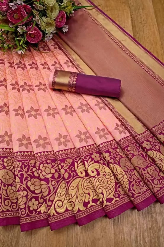 Peach banarasi silk jacquard work wedding saree
