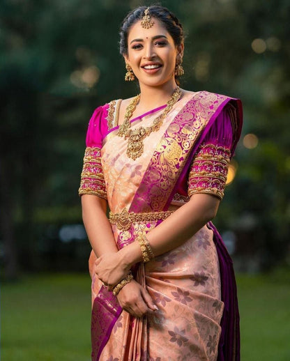 Peach banarasi silk jacquard work wedding saree