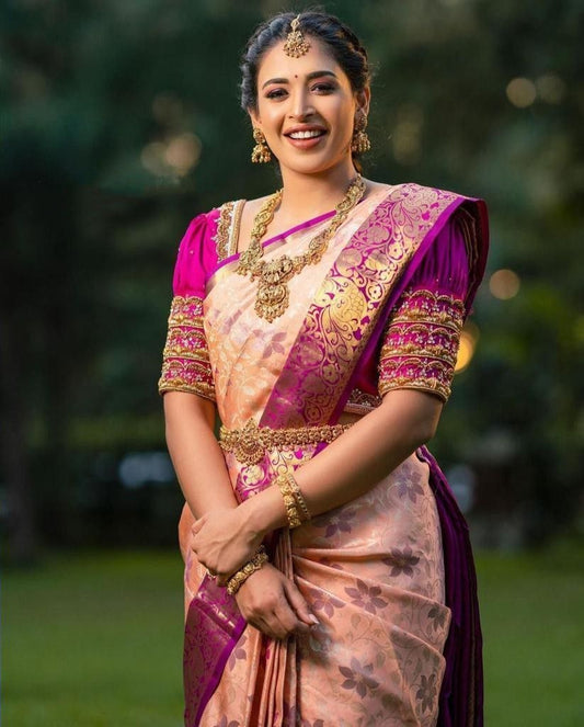 Peach banarasi silk jacquard work wedding saree