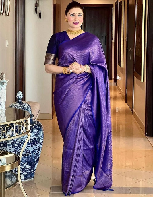 Royal blue banarasi lichi silk jacquard stylish party wear saree