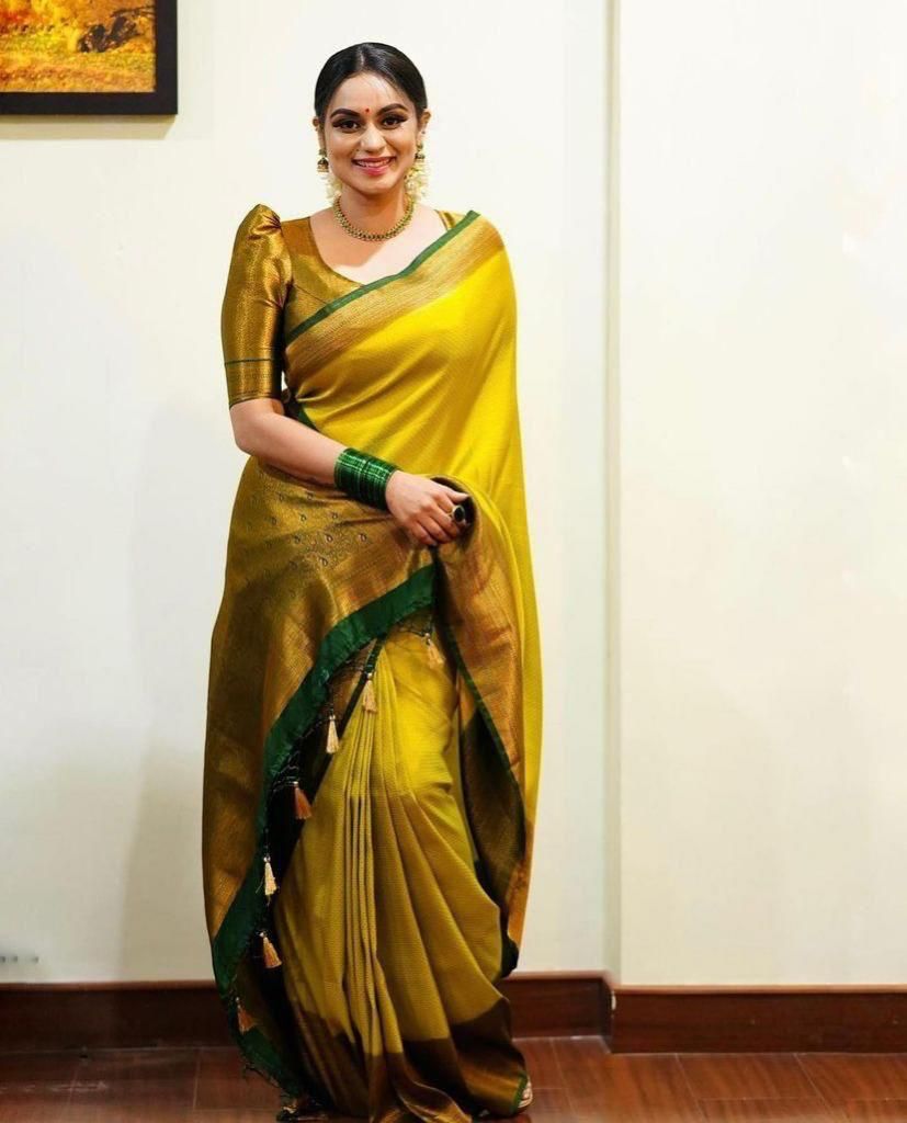 Yellow banarasi silk jacquard work ceremonial saree