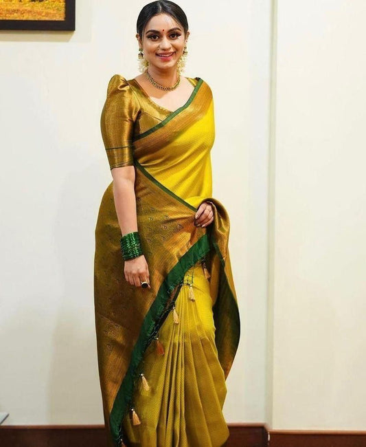 Yellow banarasi silk jacquard work ceremonial saree