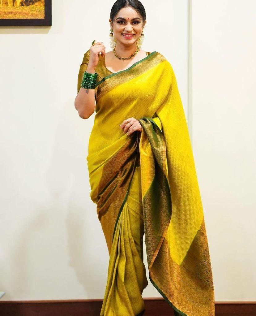 Yellow banarasi silk jacquard work ceremonial saree