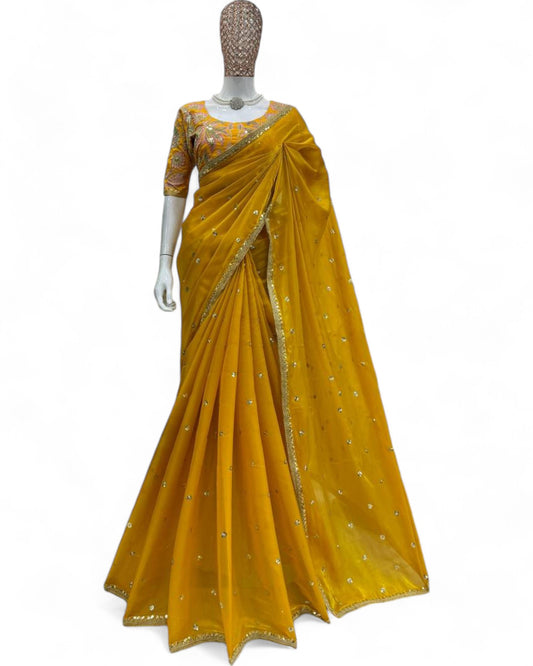 Jimmy Chu Fabric Saree with Thread & Sequin Work Yellow Free Size