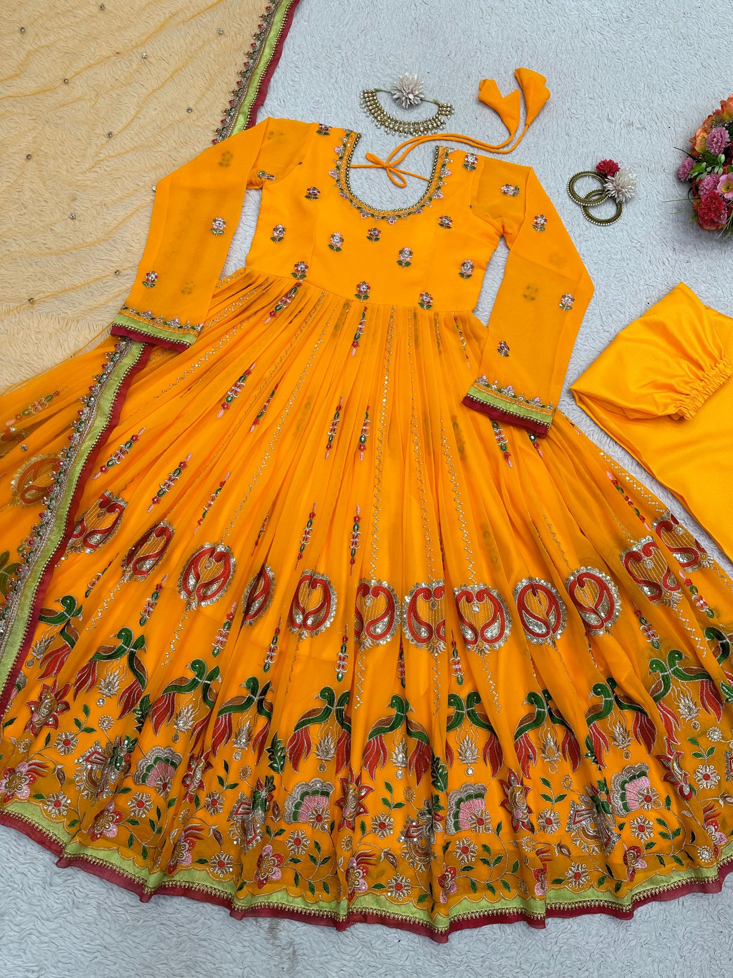 Yellow embroidered ceremonial anarkali suit