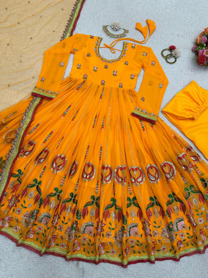 Yellow embroidered ceremonial anarkali suit
