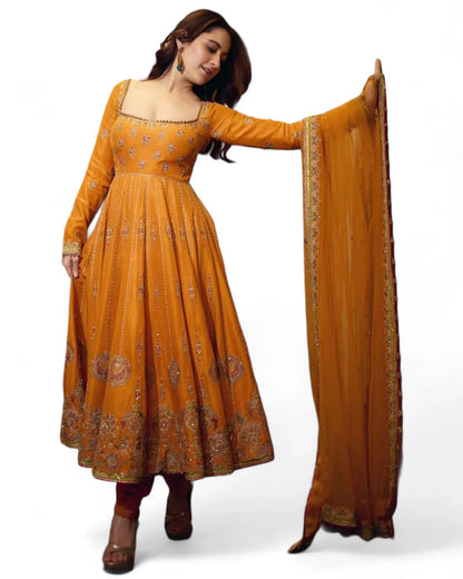 Yellow embroidered ceremonial anarkali suit