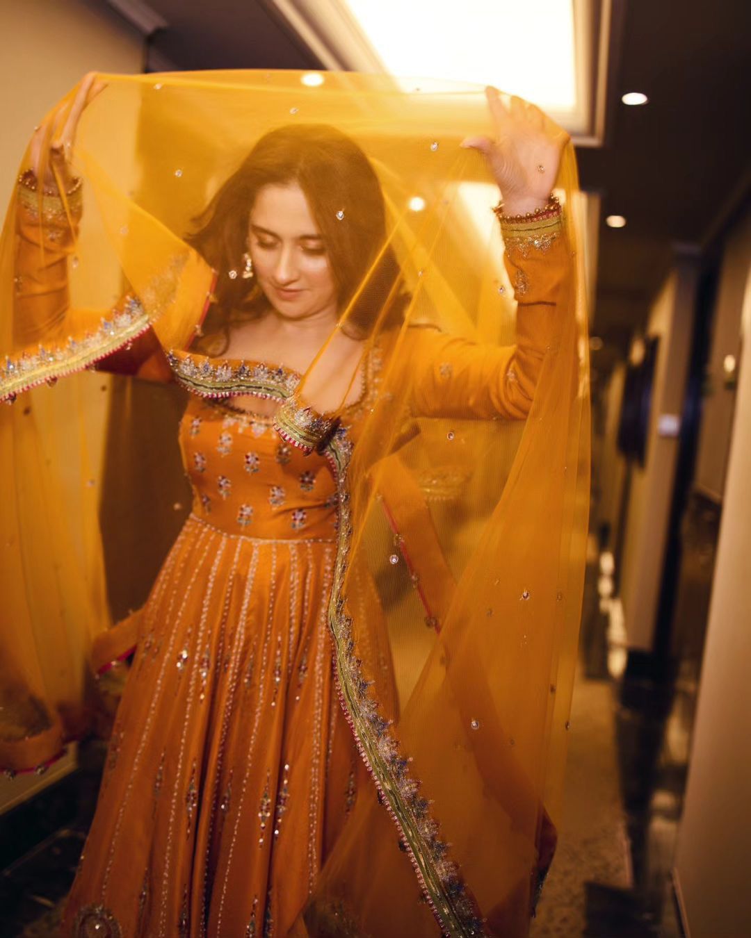 Yellow embroidered ceremonial anarkali suit