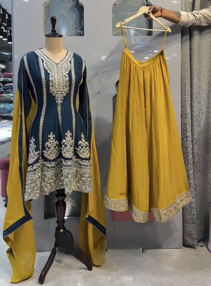 Navy blue yellow heavy designer wedding palazzo suit