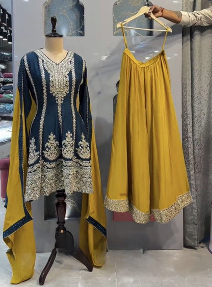 Navy blue yellow heavy designer wedding palazzo suit