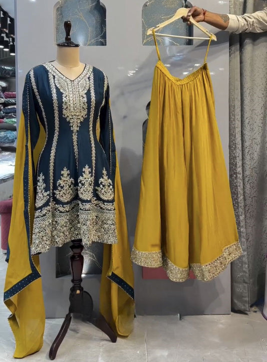 Navy blue yellow heavy designer wedding palazzo suit