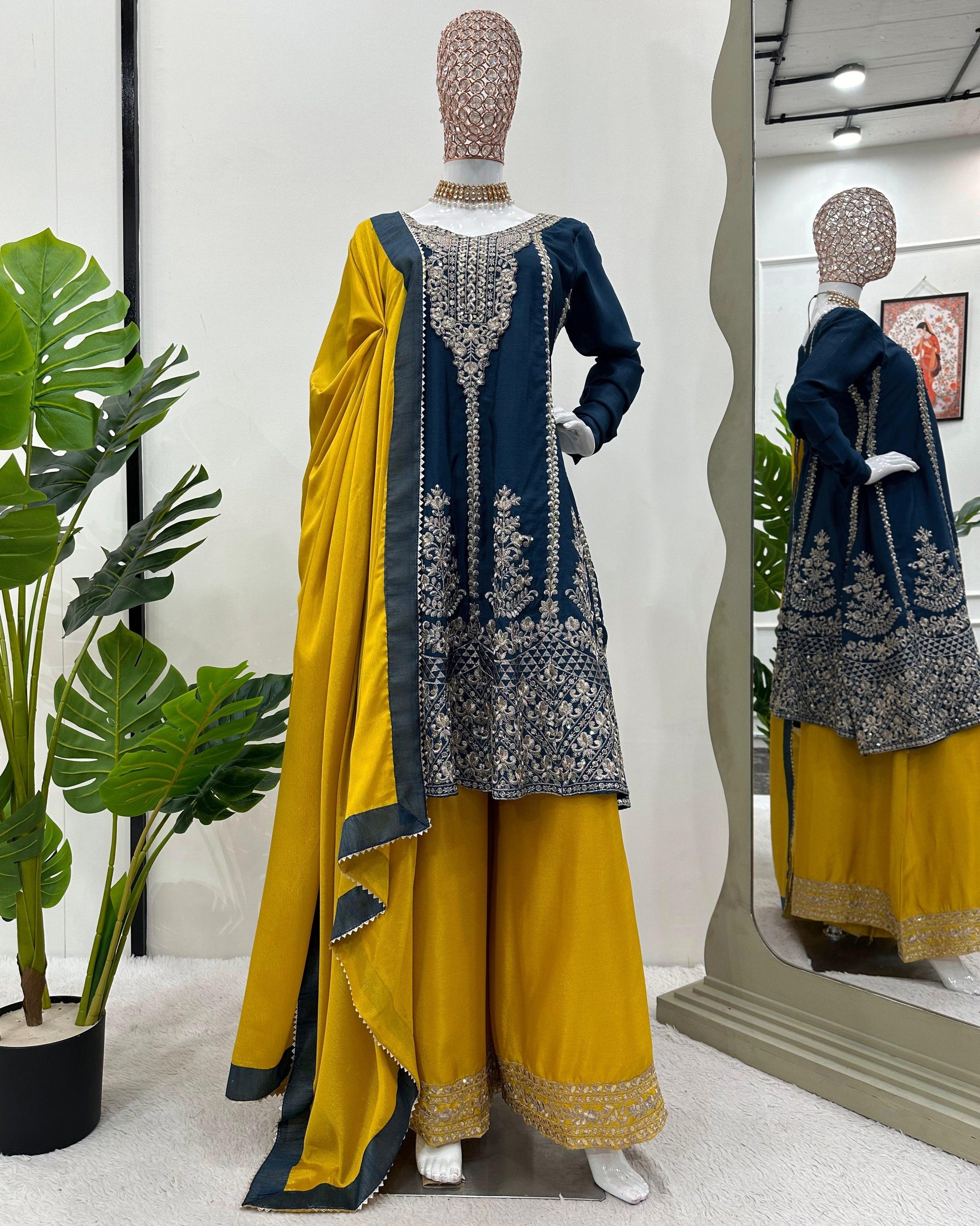 Navy blue yellow heavy designer wedding palazzo suit