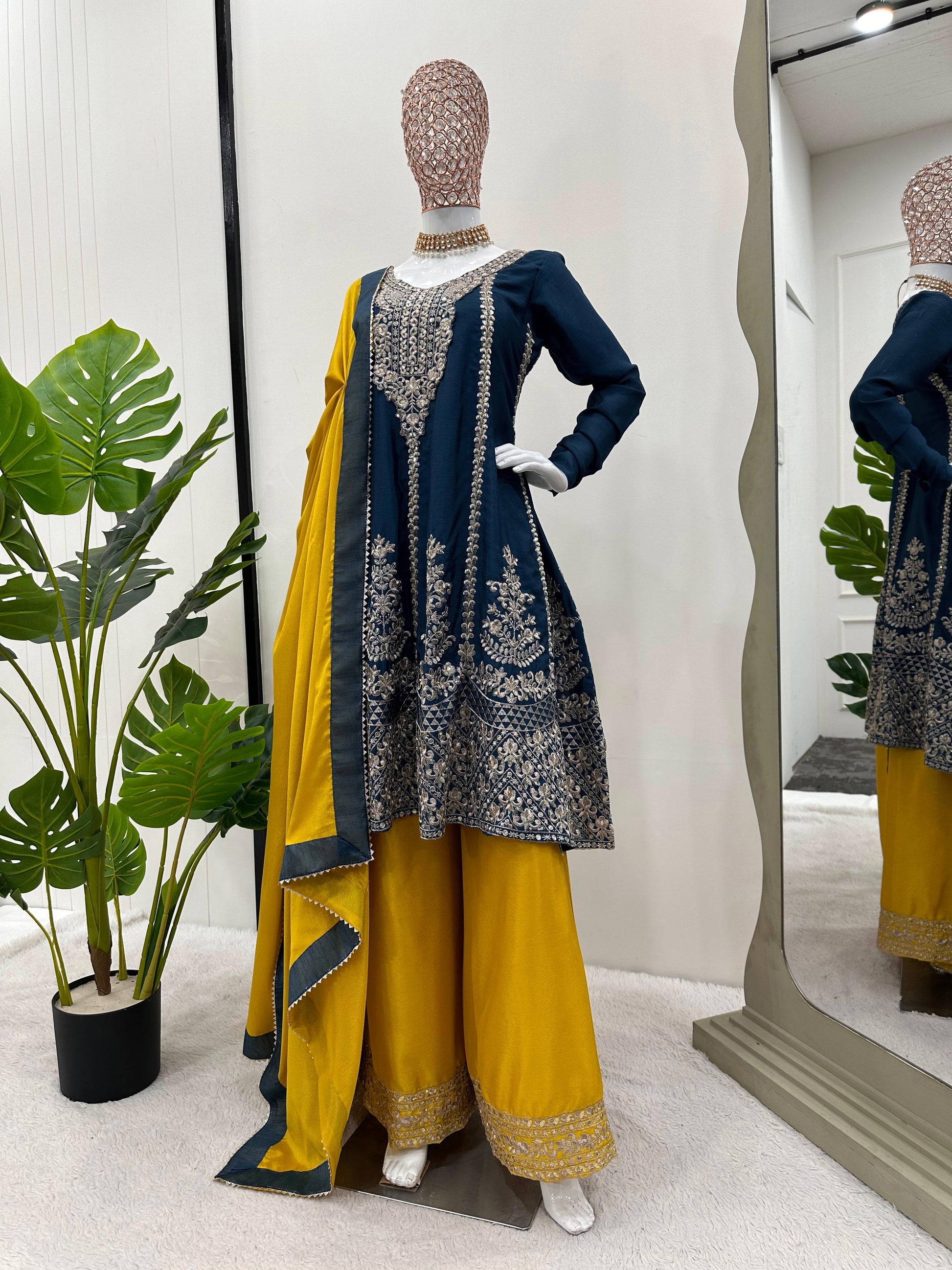 Navy blue yellow heavy designer wedding palazzo suit