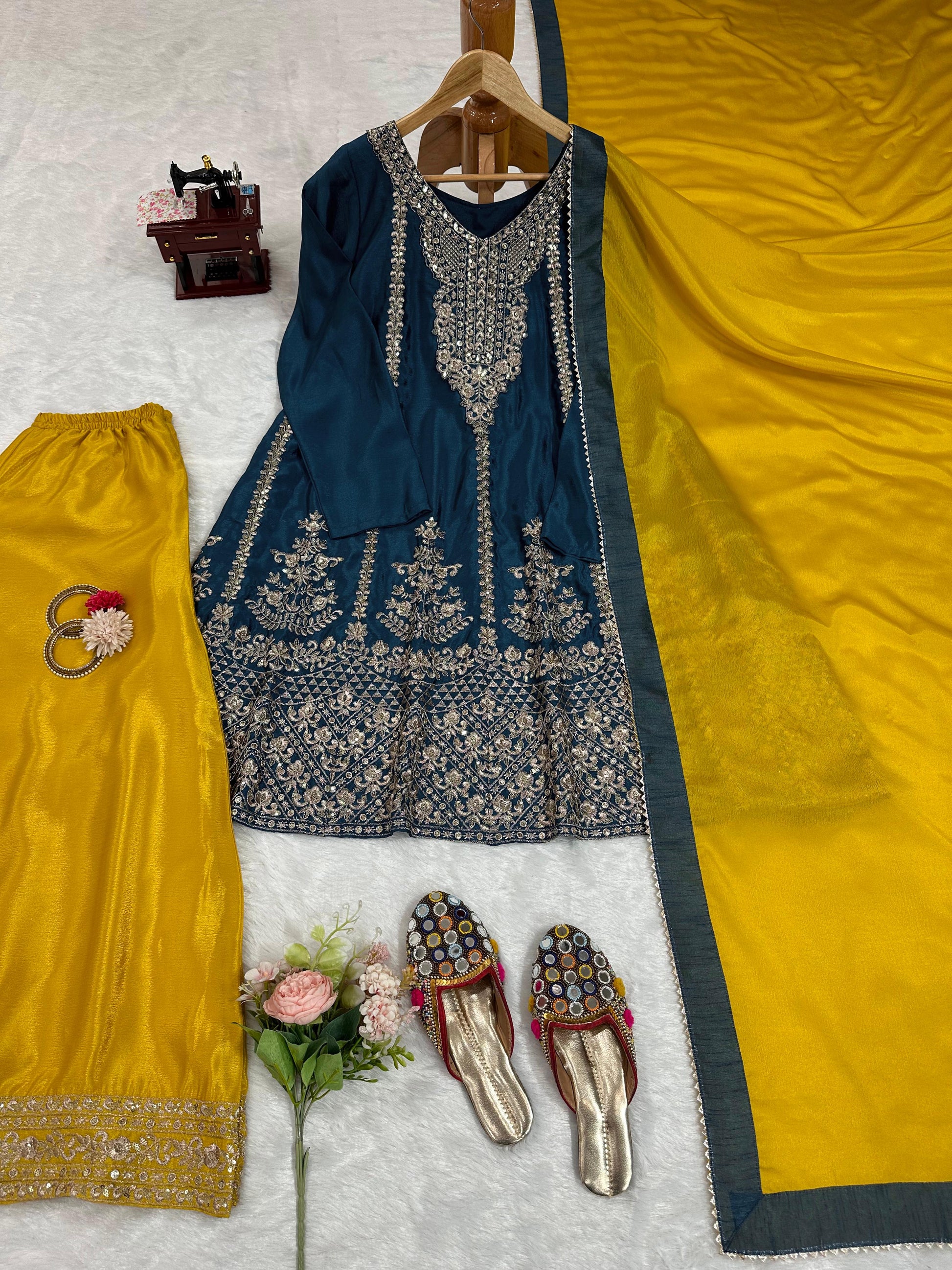 Navy blue yellow heavy designer wedding palazzo suit