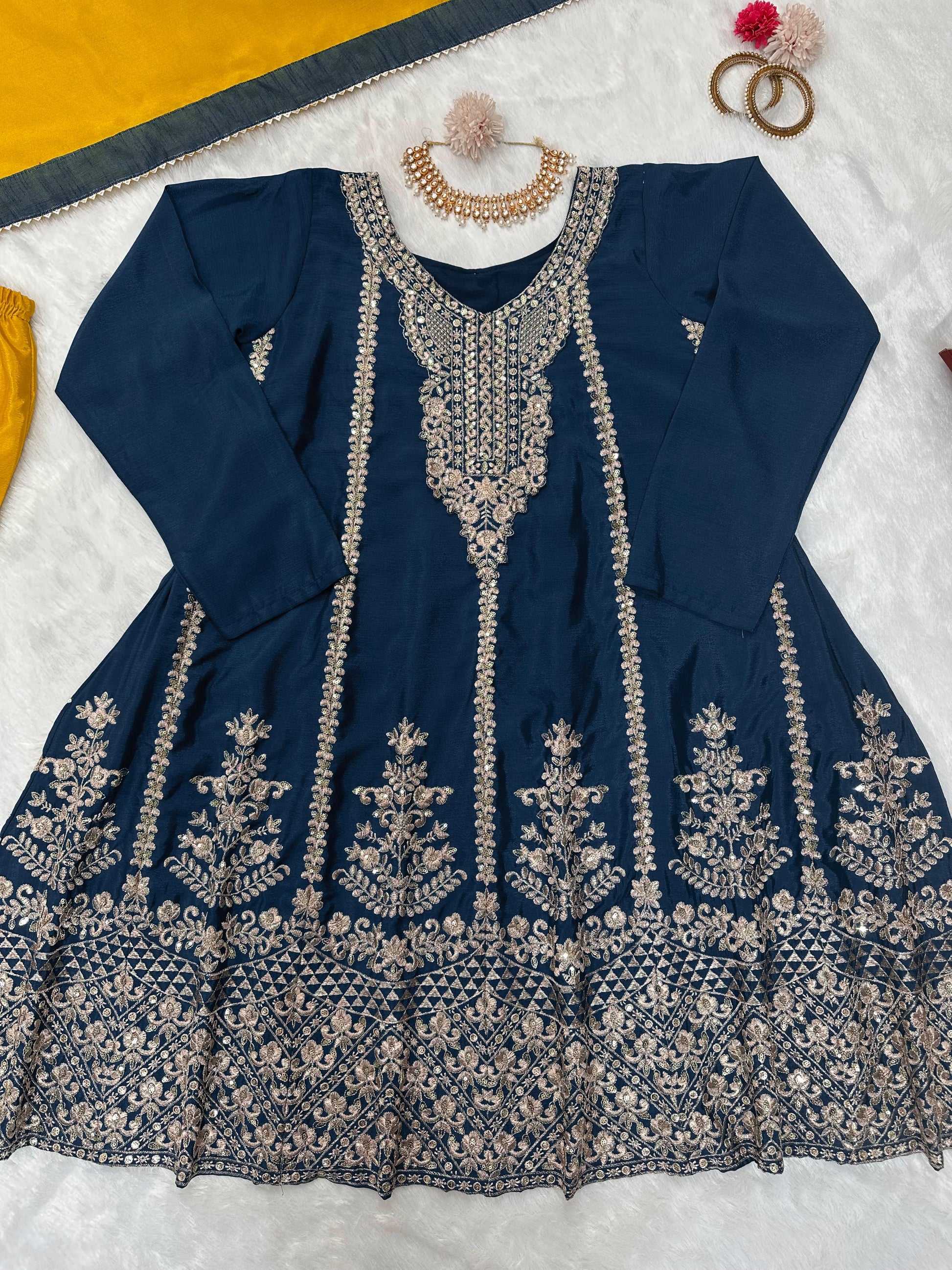 Navy blue yellow heavy designer wedding palazzo suit