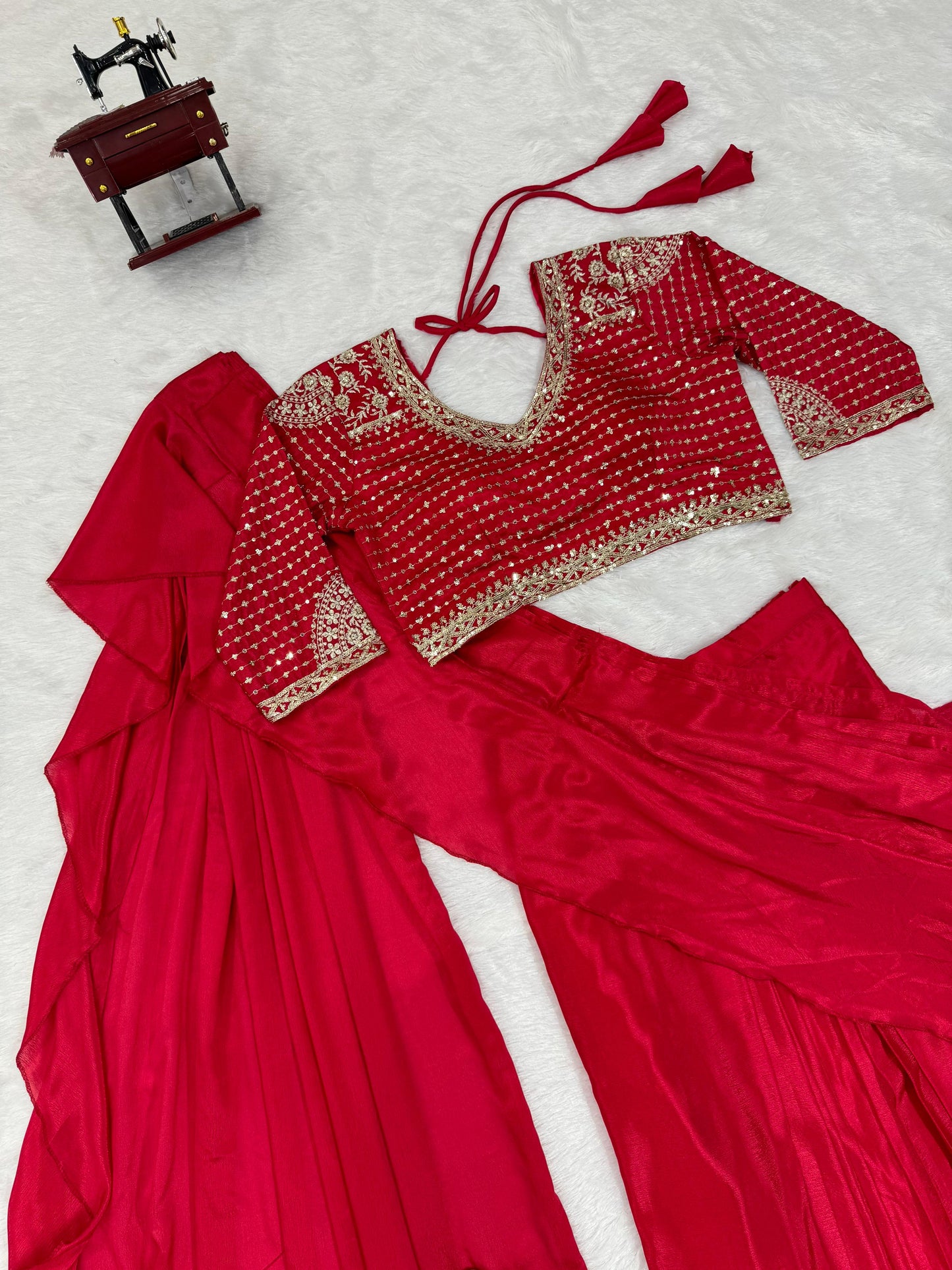 Red fancy ruffle pre stitched draped ready to wear party wear saree