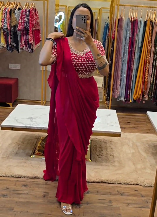 Red fancy ruffle pre stitched draped ready to wear party wear saree