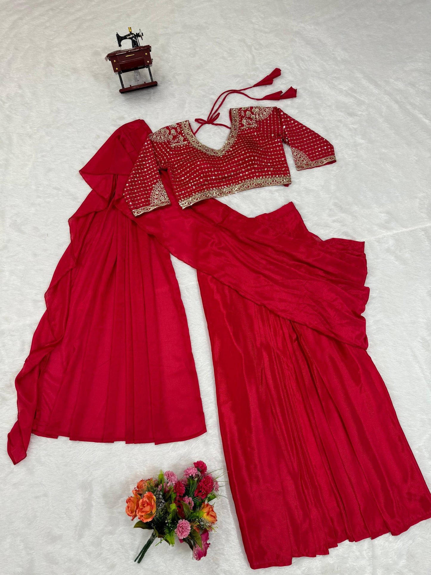 Red fancy ruffle pre stitched draped ready to wear party wear saree