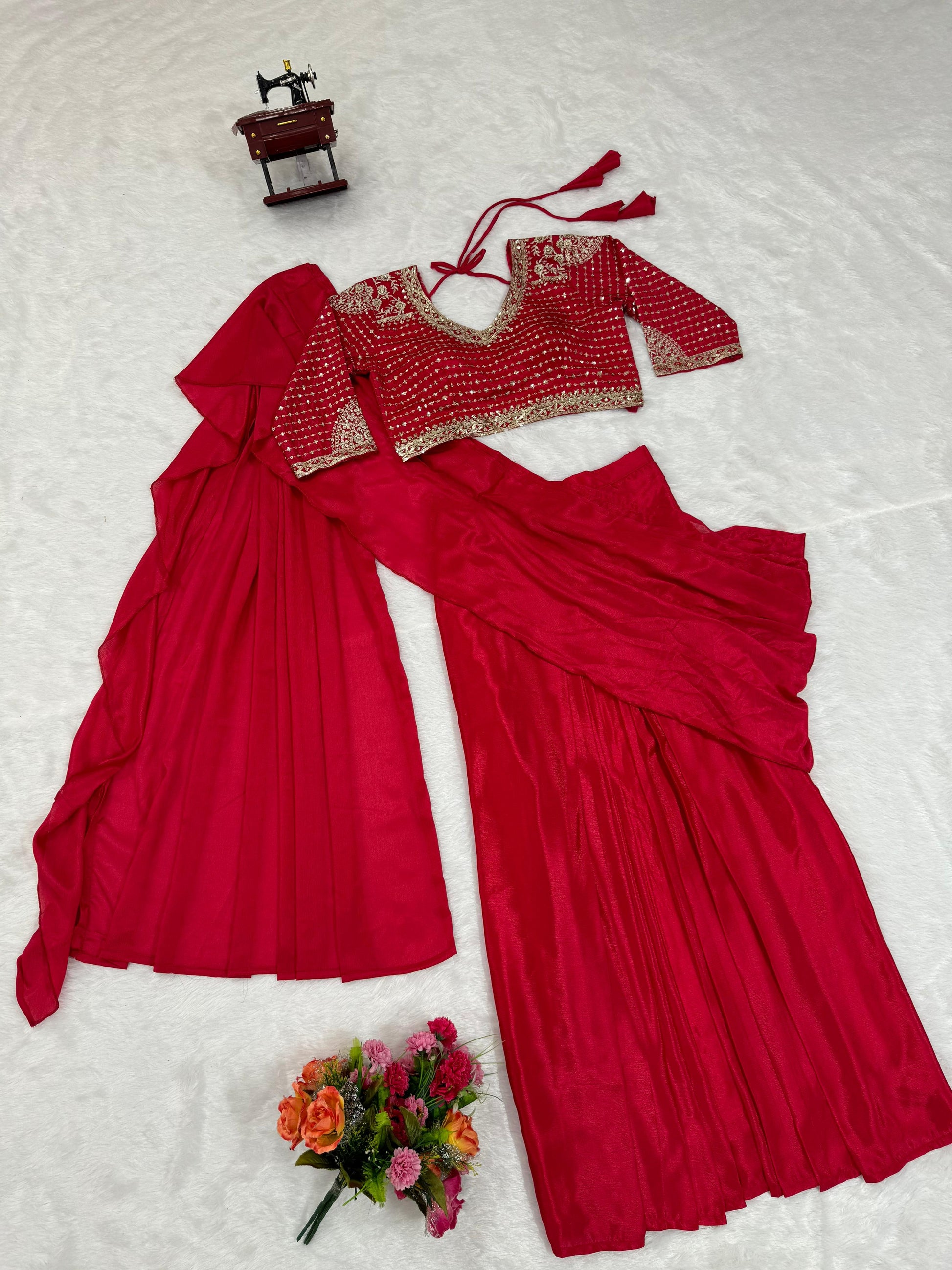 Red fancy ruffle pre stitched draped ready to wear party wear saree