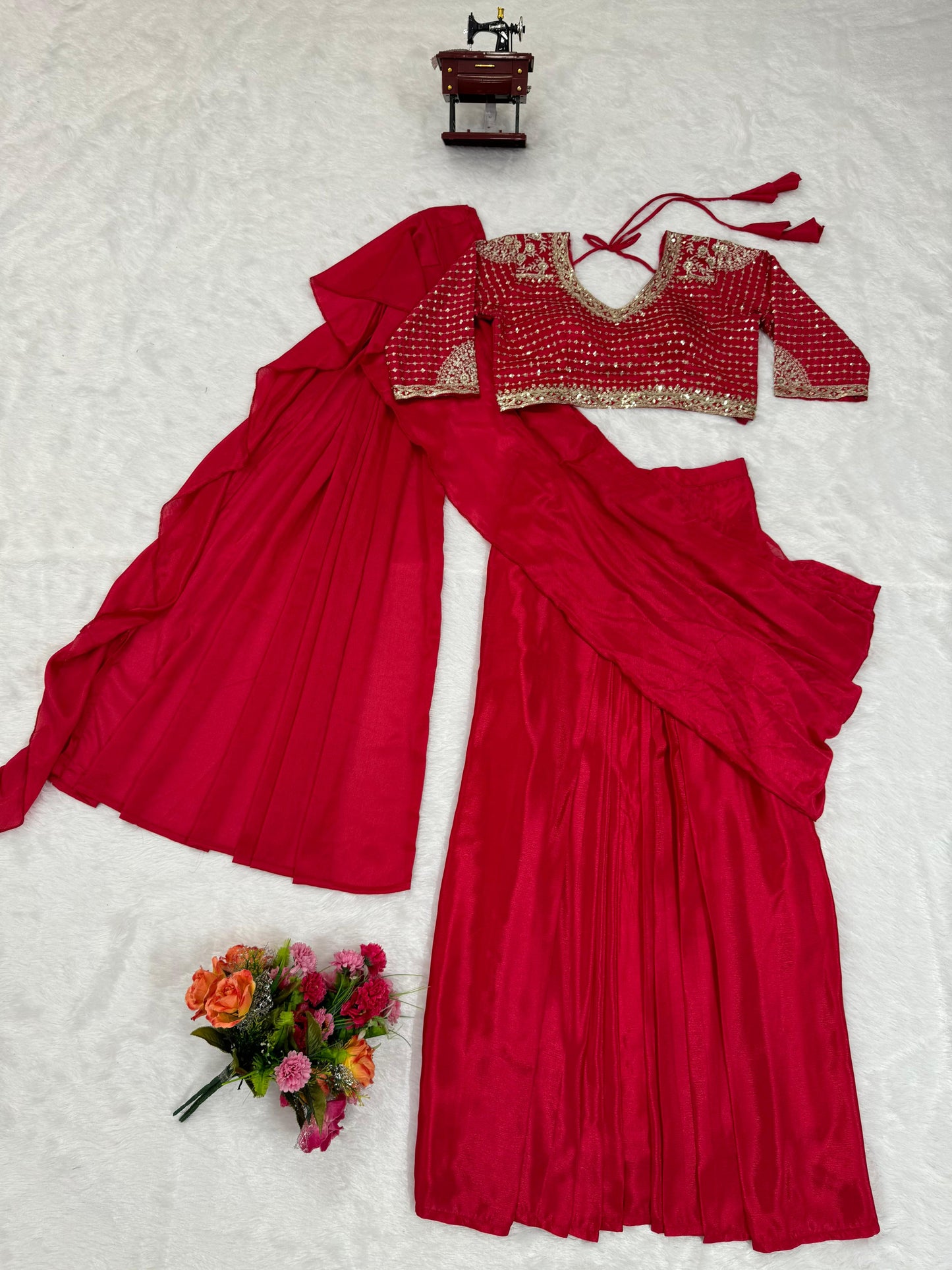 Red fancy ruffle pre stitched draped ready to wear party wear saree