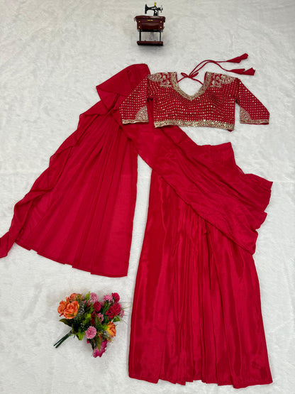 Red fancy ruffle pre stitched draped ready to wear party wear saree