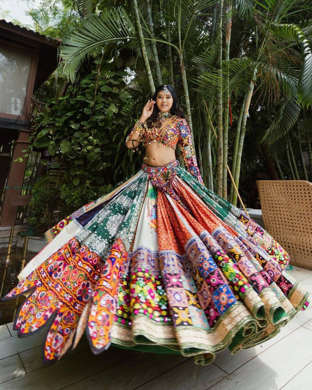 Multicolor digital print and real mirror work navratri festival lehenga choli