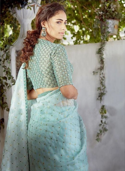 Light sea green sequence embroidery designer organza saree
