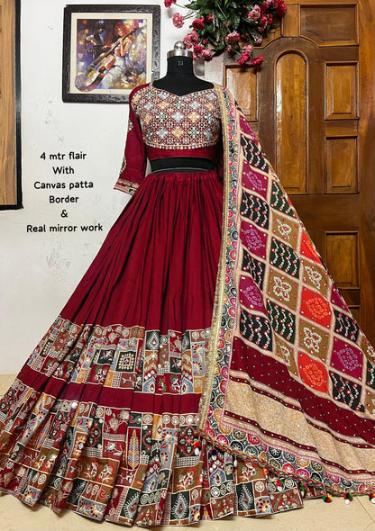 Maroon cotton mirror work gujarati garba navratri lehenga chaniya choli