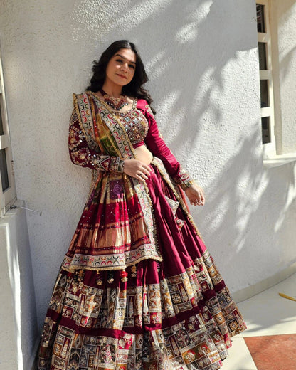 Maroon cotton mirror work gujarati garba navratri lehenga chaniya choli