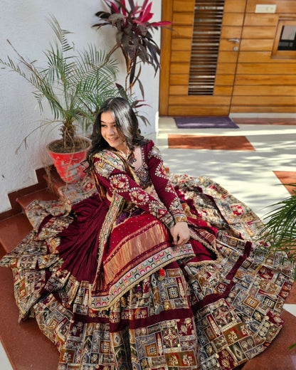 Maroon cotton mirror work gujarati garba navratri lehenga chaniya choli
