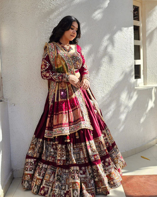 Maroon cotton mirror work gujarati garba navratri lehenga chaniya choli