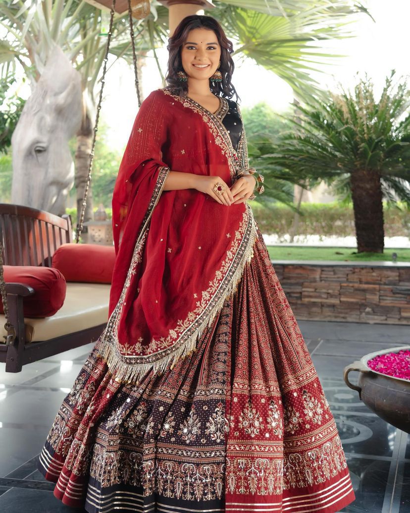 Maroon cotton print mirrorwork gujarati garba navratri lehenga chaniya choli