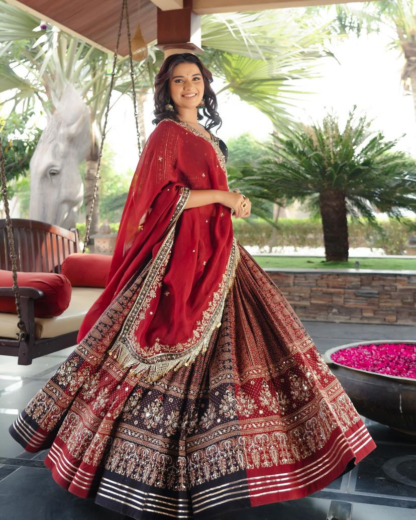 Maroon cotton print mirrorwork gujarati garba navratri lehenga chaniya choli