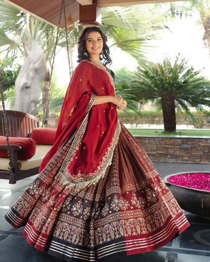 Maroon cotton print mirrorwork gujarati garba navratri lehenga chaniya choli