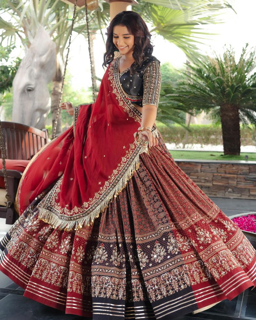 Maroon cotton print mirrorwork gujarati garba navratri lehenga chaniya choli