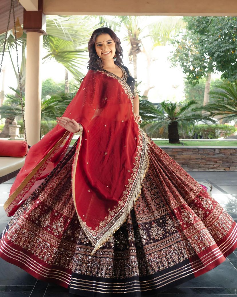 Maroon cotton print mirrorwork gujarati garba navratri lehenga chaniya choli