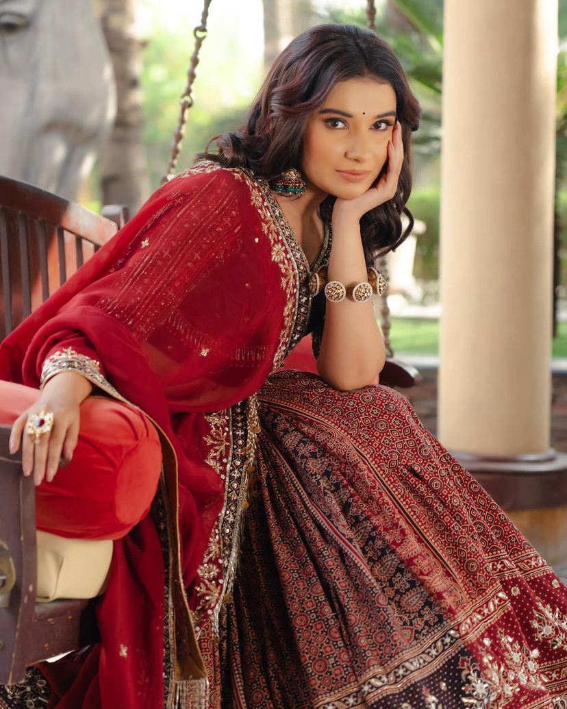 Maroon cotton print mirrorwork gujarati garba navratri lehenga chaniya choli