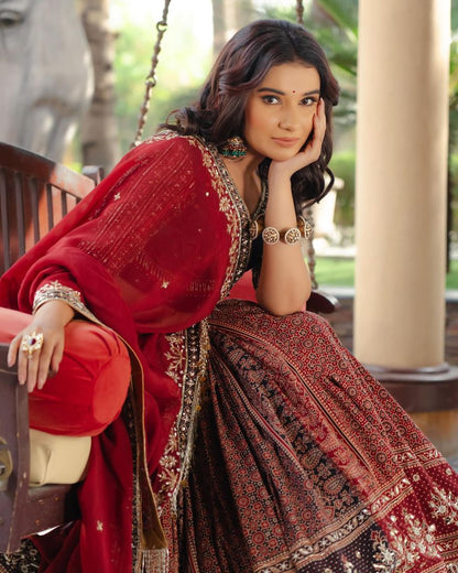 Maroon cotton print mirrorwork gujarati garba navratri lehenga chaniya choli