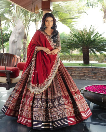 Maroon cotton print mirrorwork gujarati garba navratri lehenga chaniya choli