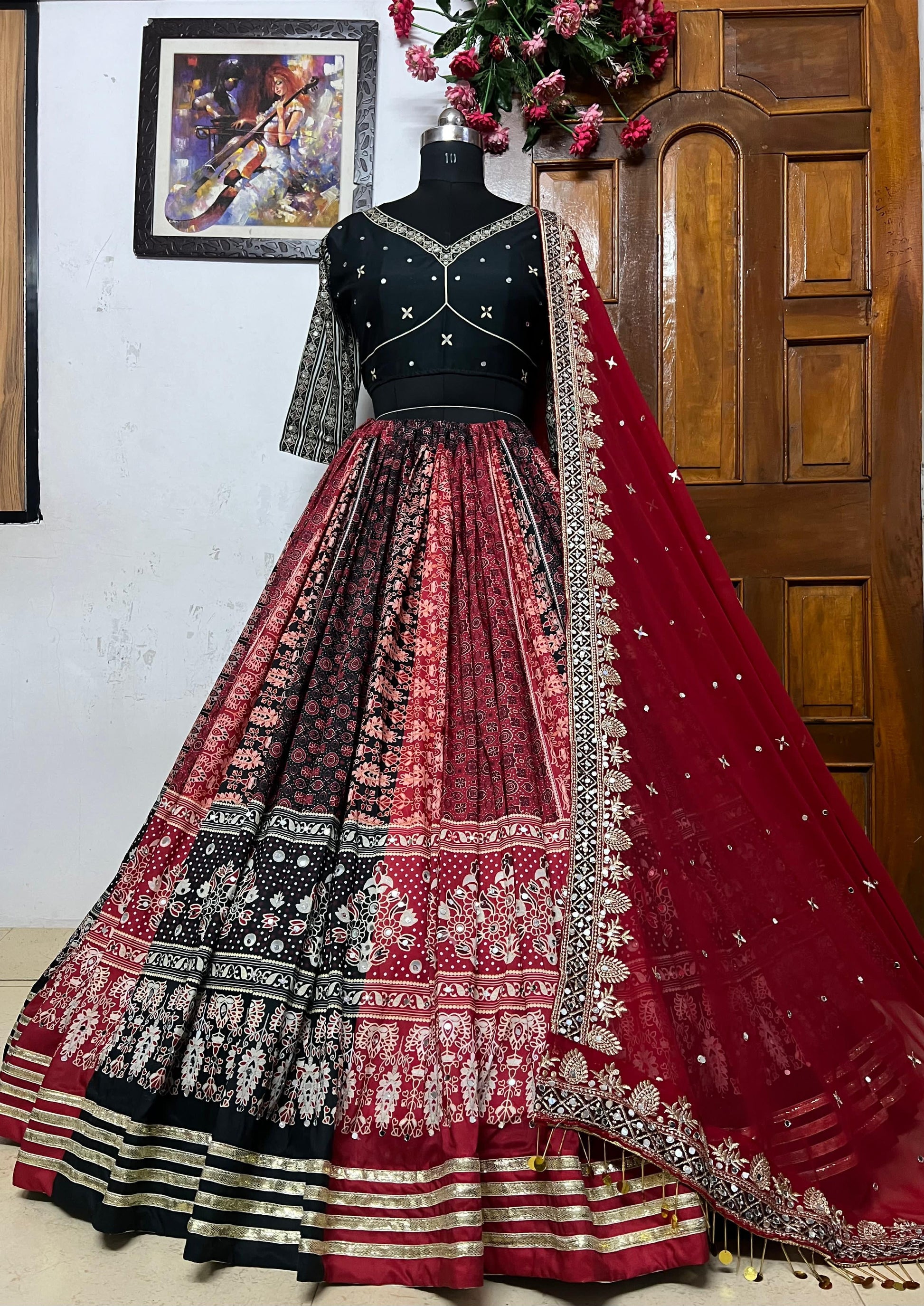 Maroon cotton print mirrorwork gujarati garba navratri lehenga chaniya choli