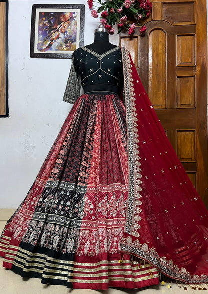 Maroon cotton print mirrorwork gujarati garba navratri lehenga chaniya choli