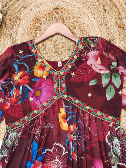 Maroon georgette floral printed stylish alia cut suit