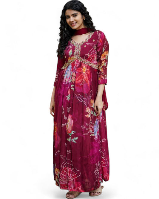 Maroon georgette floral printed stylish alia cut suit